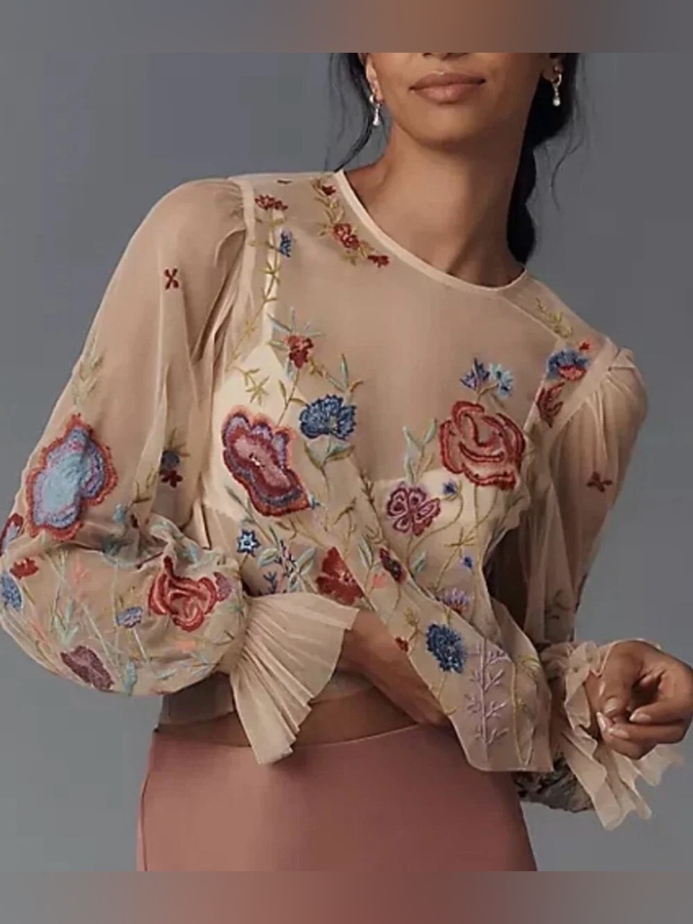 Anthropologie Beige Sheer Floral Embroidered Puff-Sleeve Blouse